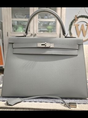 Hermes Light Gray Top-Handle Kelly 32 Epsom Palladium with Silver Hardware